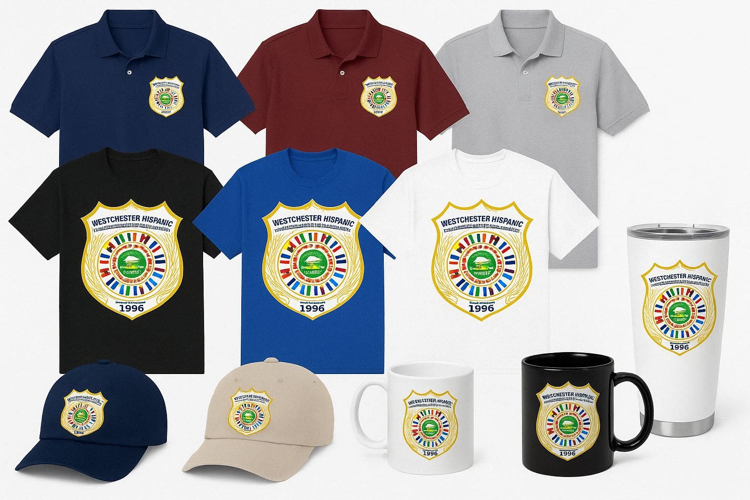 Clothing and accessories with embroidered badges.